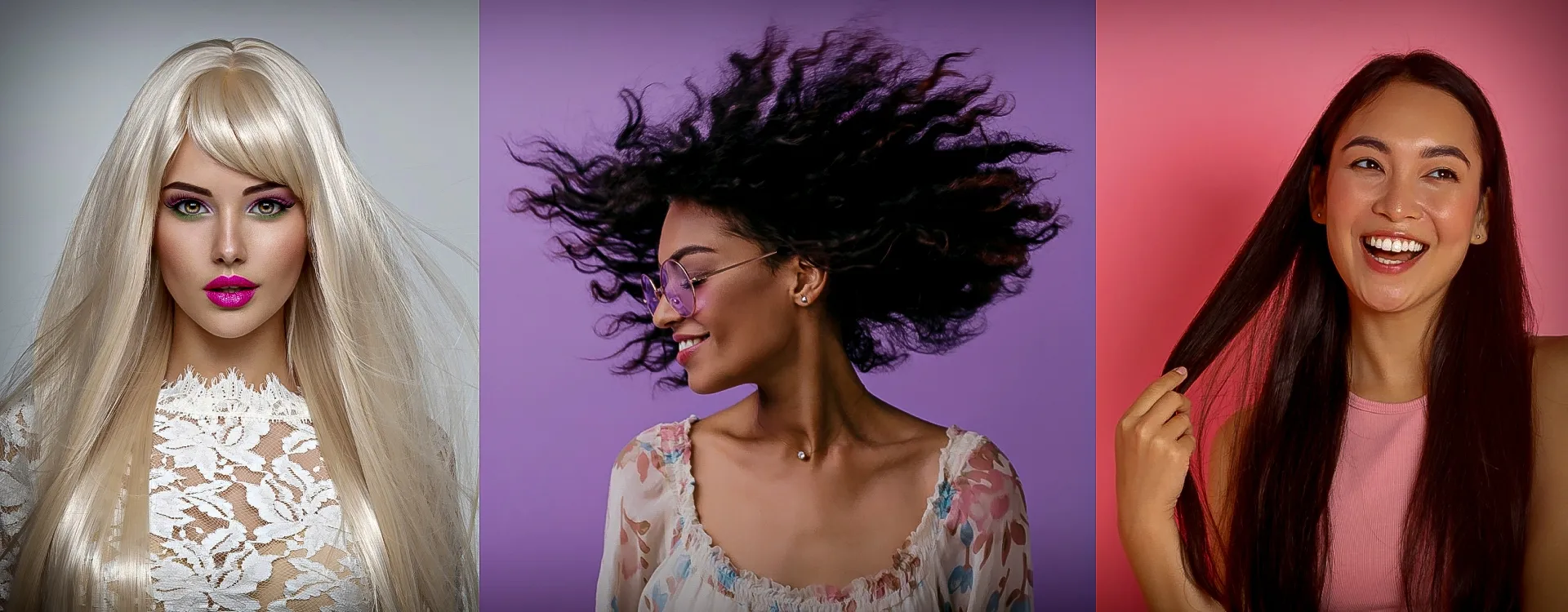 Três modelos lado a lado: cabelo longo platinado com franja, cachos pretos ao vento e cabelo longo liso castanho